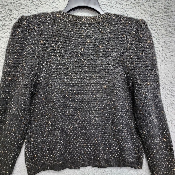 Express Cardigan Sweater Womens L Black Gold Detail Puff Shoulder Wool Blend NEW - Picture 9 of 14